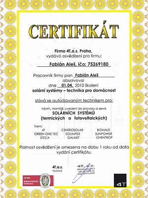 Certifikát 4T - Solarní systémy